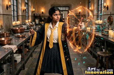 A young sorceress in canary yellow and black robes casts a spell with her wand inside the wizard academy castle