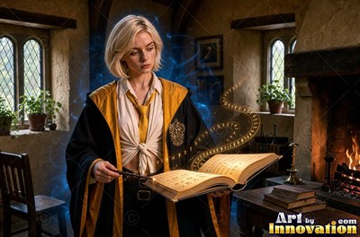 Acolyte of the House of the Badgers stirring a glowing potion over an iron cauldron in the castle greenhouse
