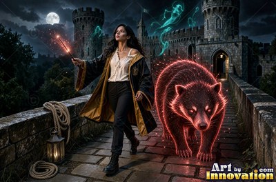 Young woman in a black and gold academy robe walking the castle bridge beside a guardian badger made of light
