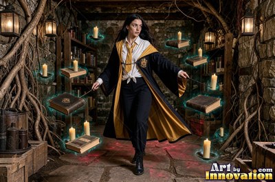 A young sorceress in canary yellow and black robes casts a spell with her wand inside the wizard academy castle