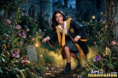 Young woman in a black and gold academy robe walking the castle bridge beside a guardian badger made of light