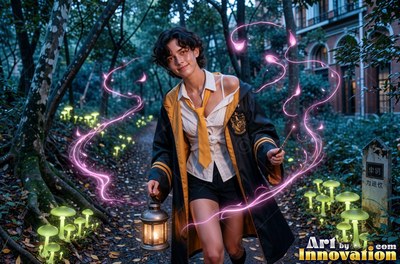 Sorceress with a brass badger crest on her robe carrying a lantern through a night garden of glowing mushrooms