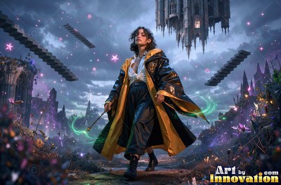A young sorceress in canary yellow and black robes casts a spell with her wand inside the wizard academy castle