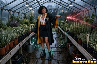 Acolyte of the House of the Badgers stirring a glowing potion over an iron cauldron in the castle greenhouse