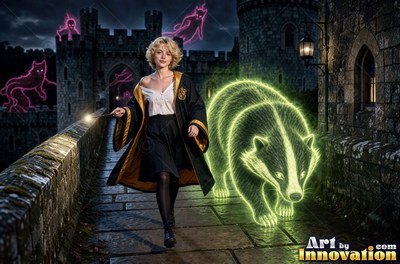 A young sorceress in canary yellow and black robes casts a spell with her wand inside the wizard academy castle