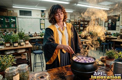 Acolyte of the House of the Badgers stirring a glowing potion over an iron cauldron in the castle greenhouse