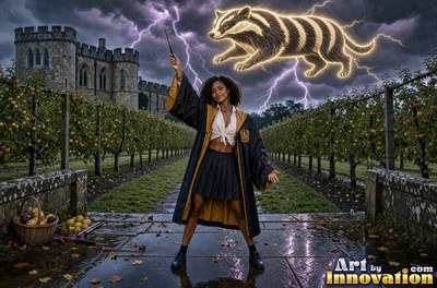 Sorceress with a brass badger crest on her robe carrying a lantern through a night garden of glowing mushrooms