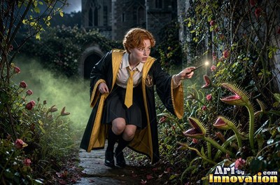A young sorceress in canary yellow and black robes casts a spell with her wand inside the wizard academy castle