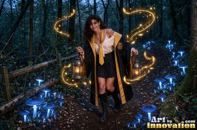 Acolyte of the House of the Badgers stirring a glowing potion over an iron cauldron in the castle greenhouse