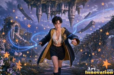 Young woman in a black and gold academy robe walking the castle bridge beside a guardian badger made of light