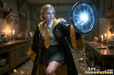 A young sorceress in canary yellow and black robes casts a spell with her wand inside the wizard academy castle