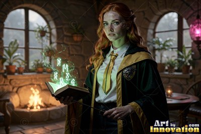 Acolyte of the House of the Badgers stirring a glowing potion over an iron cauldron in the castle greenhouse