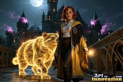 Young woman in a black and gold academy robe walking the castle bridge beside a guardian badger made of light