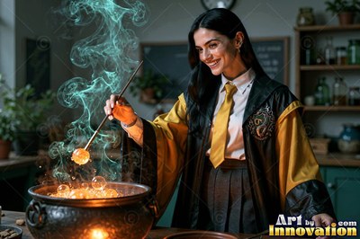 Sorceress with a brass badger crest on her robe carrying a lantern through a night garden of glowing mushrooms