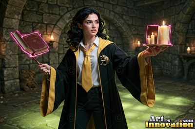 A young sorceress in canary yellow and black robes casts a spell with her wand inside the wizard academy castle