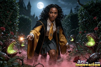 Young woman in a black and gold academy robe walking the castle bridge beside a guardian badger made of light