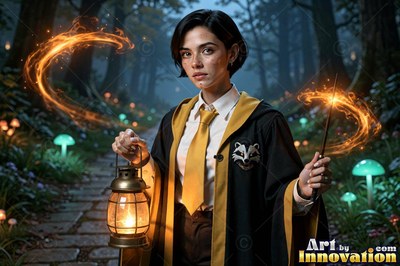 Sorceress with a brass badger crest on her robe carrying a lantern through a night garden of glowing mushrooms