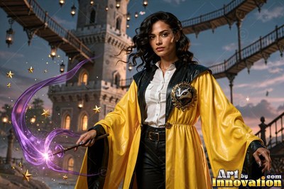 A young sorceress in canary yellow and black robes casts a spell with her wand inside the wizard academy castle