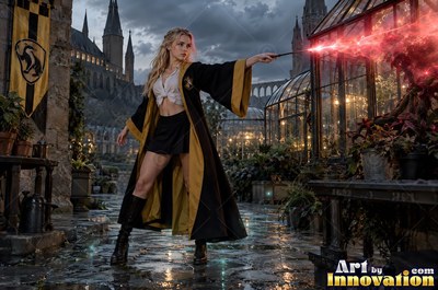 A young sorceress in canary yellow and black robes casts a spell with her wand inside the wizard academy castle