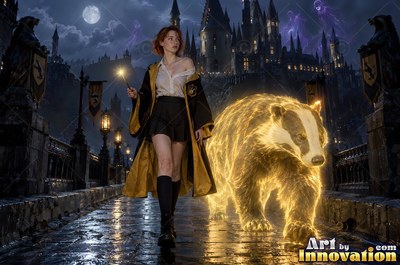 Young woman in a black and gold academy robe walking the castle bridge beside a guardian badger made of light