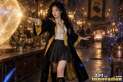 A young sorceress in canary yellow and black robes casts a spell with her wand inside the wizard academy castle