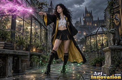 Acolyte of the House of the Badgers stirring a glowing potion over an iron cauldron in the castle greenhouse