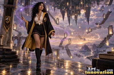 Young woman in a black and gold academy robe walking the castle bridge beside a guardian badger made of light