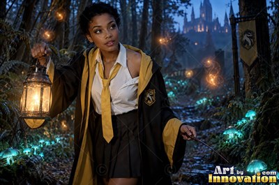 Sorceress with a brass badger crest on her robe carrying a lantern through a night garden of glowing mushrooms