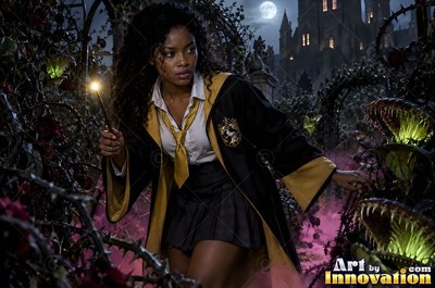 A young sorceress in canary yellow and black robes casts a spell with her wand inside the wizard academy castle