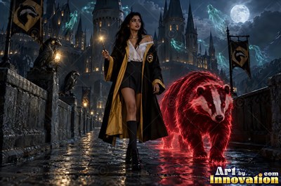 Sorceress with a brass badger crest on her robe carrying a lantern through a night garden of glowing mushrooms