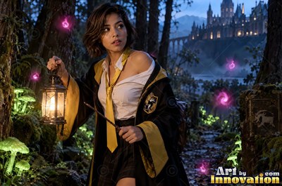 A young sorceress in canary yellow and black robes casts a spell with her wand inside the wizard academy castle