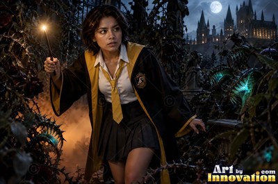 Acolyte of the House of the Badgers stirring a glowing potion over an iron cauldron in the castle greenhouse