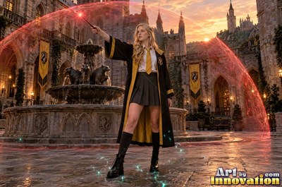 Young woman in a black and gold academy robe walking the castle bridge beside a guardian badger made of light