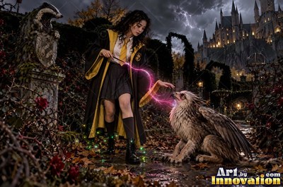 Sorceress with a brass badger crest on her robe carrying a lantern through a night garden of glowing mushrooms