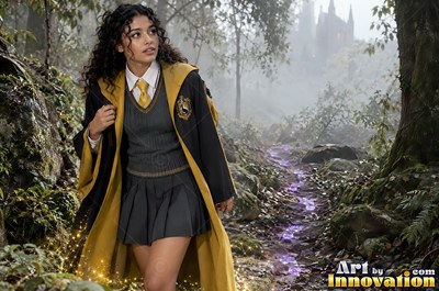 A young sorceress in canary yellow and black robes casts a spell with her wand inside the wizard academy castle