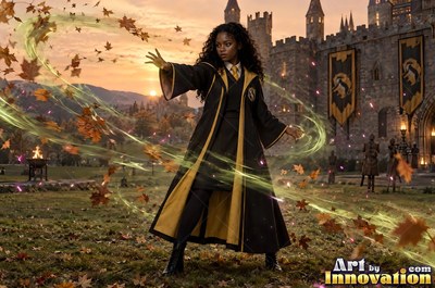 Young woman in a black and gold academy robe walking the castle bridge beside a guardian badger made of light