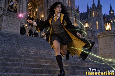A young sorceress in canary yellow and black robes casts a spell with her wand inside the wizard academy castle