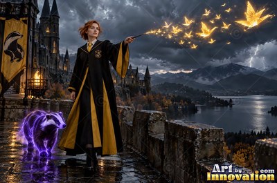 Young woman in a black and gold academy robe walking the castle bridge beside a guardian badger made of light