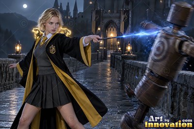 A young sorceress in canary yellow and black robes casts a spell with her wand inside the wizard academy castle