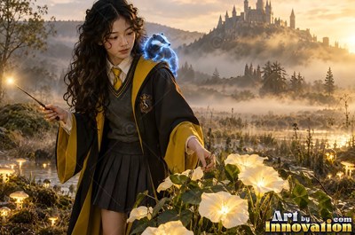 Acolyte of the House of the Badgers stirring a glowing potion over an iron cauldron in the castle greenhouse