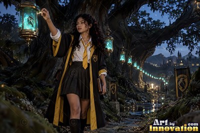 Young woman in a black and gold academy robe walking the castle bridge beside a guardian badger made of light