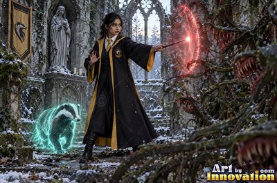 Sorceress with a brass badger crest on her robe carrying a lantern through a night garden of glowing mushrooms