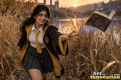 A young sorceress in canary yellow and black robes casts a spell with her wand inside the wizard academy castle