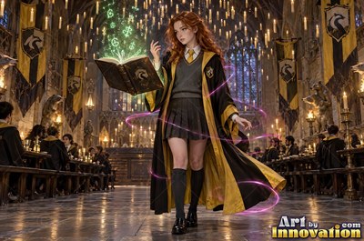 Acolyte of the House of the Badgers stirring a glowing potion over an iron cauldron in the castle greenhouse