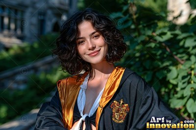 Young woman in a black and gold academy robe walking the castle bridge beside a guardian badger made of light