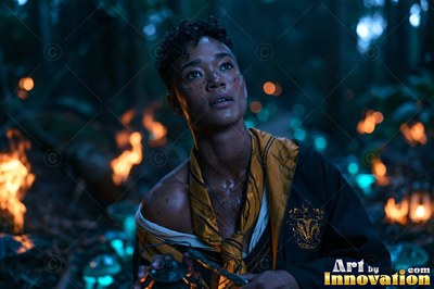 Young woman in a black and gold academy robe walking the castle bridge beside a guardian badger made of light