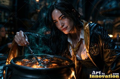 Young woman in a black and gold academy robe walking the castle bridge beside a guardian badger made of light