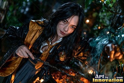 A young sorceress in canary yellow and black robes casts a spell with her wand inside the wizard academy castle