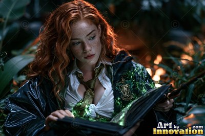 A young sorceress in canary yellow and black robes casts a spell with her wand inside the wizard academy castle