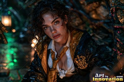 Young woman in a black and gold academy robe walking the castle bridge beside a guardian badger made of light